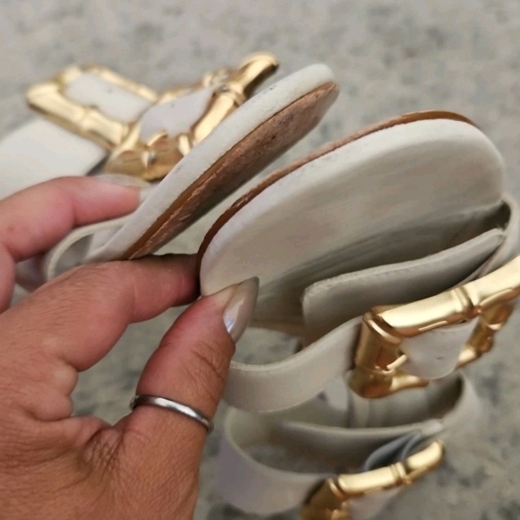 Schutz Womens Ivory Enola Mid Block Sandal With Gold Buckle 10 - Picture 6 of 14